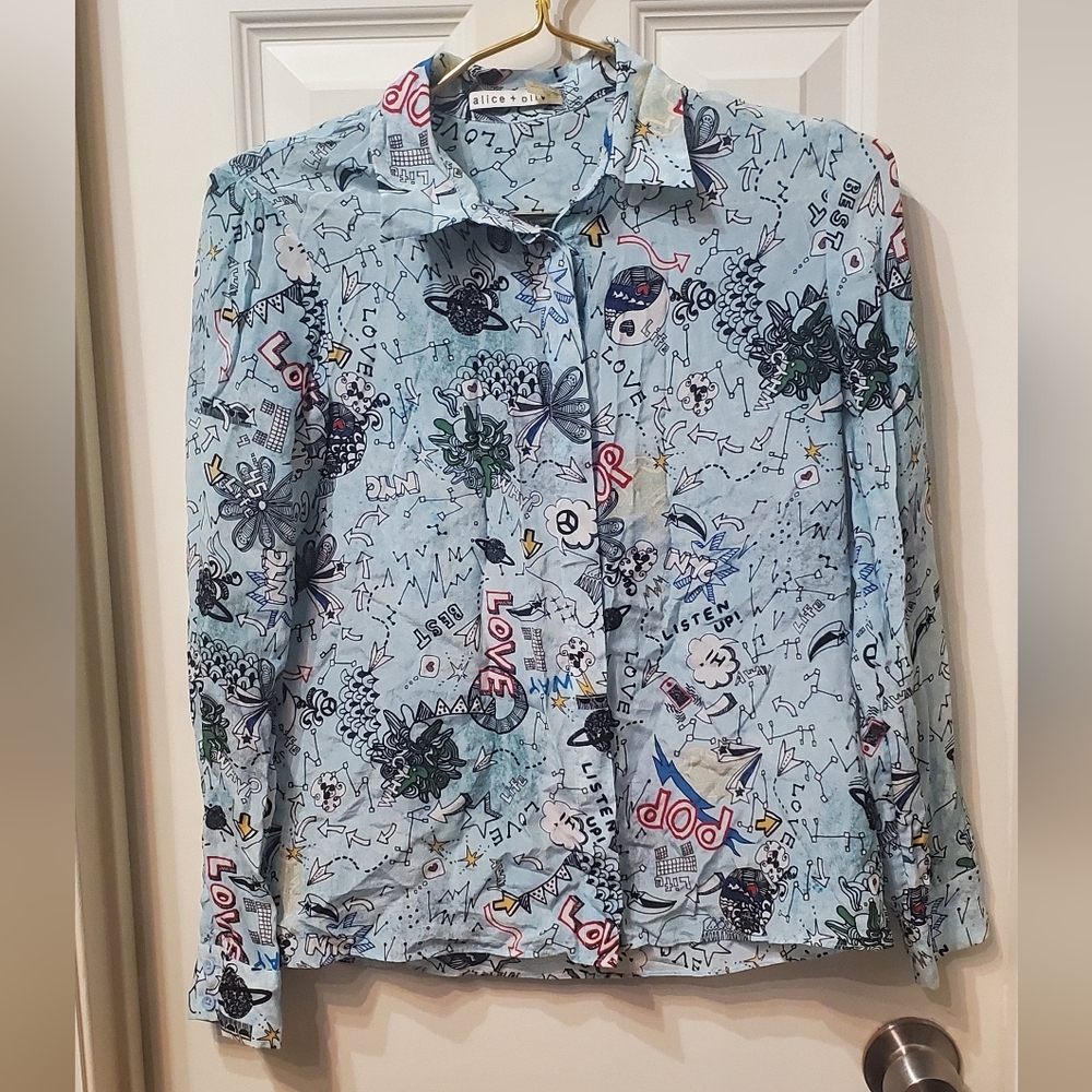 Alice + Olivia Blue Graphic Silk Shirt Size XS